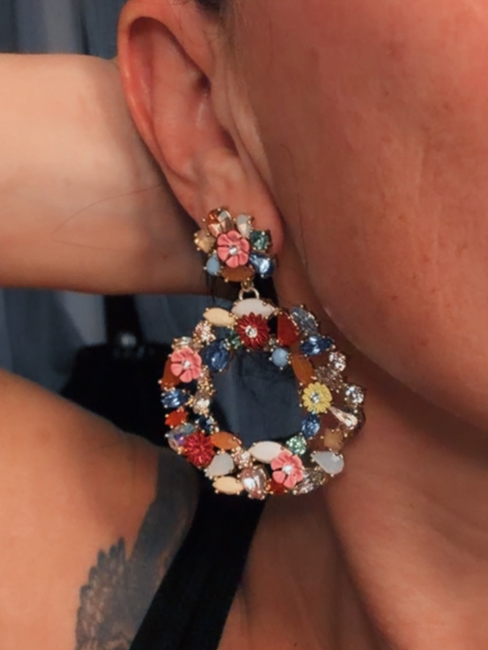 J. Crew Multicolor Floral Hoop statement Earrings in Gold-Tone - Picture 5 of 5